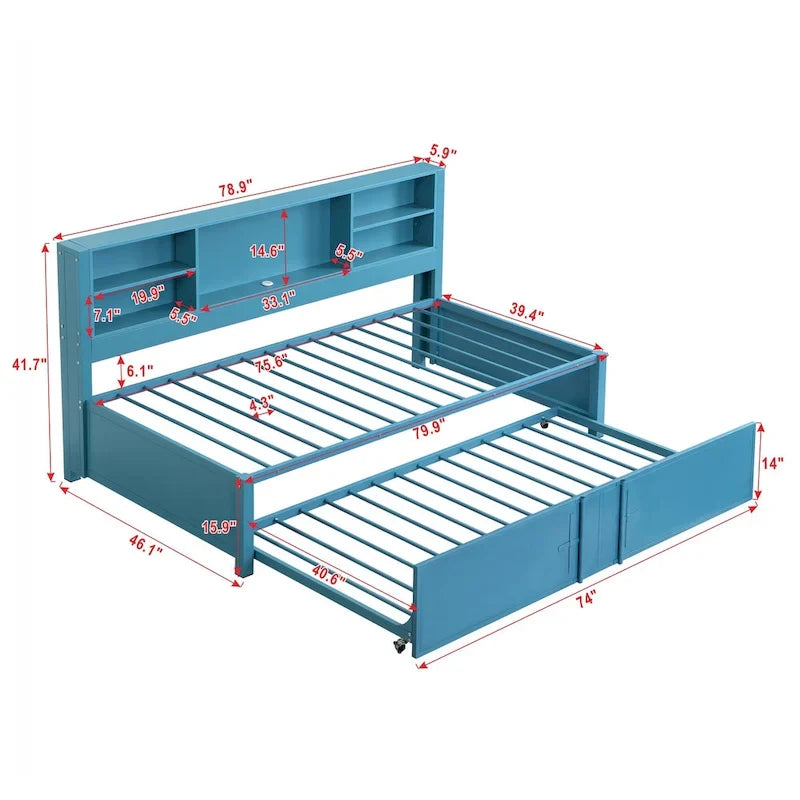 Lit de repos double en métal bleu avec lit gigogne, étagères de rangement et ports USB - Pas besoin de sommier tapissier