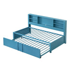 Lit de repos double en métal bleu avec lit gigogne, étagères de rangement et ports USB - Pas besoin de sommier tapissier