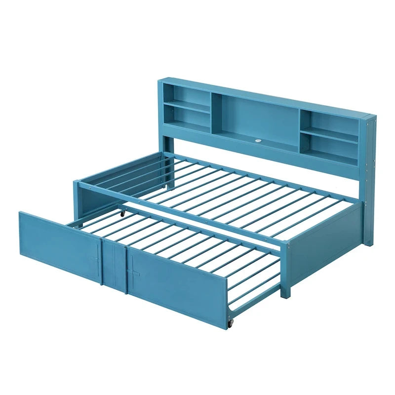 Lit de repos double en métal bleu avec lit gigogne, étagères de rangement et ports USB - Pas besoin de sommier tapissier