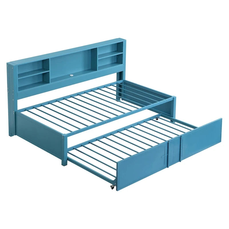 Lit de repos double en métal bleu avec lit gigogne, étagères de rangement et ports USB - Pas besoin de sommier tapissier