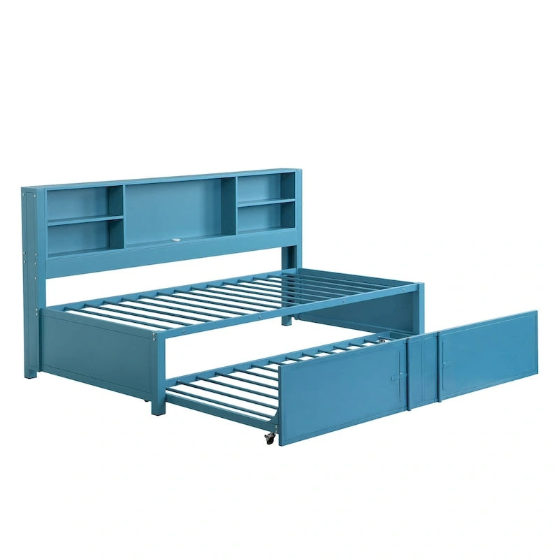Lit de repos double en métal bleu avec lit gigogne, étagères de rangement et ports USB - Pas besoin de sommier tapissier