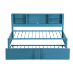Lit de repos double en métal bleu avec lit gigogne, étagères de rangement et ports USB - Pas besoin de sommier tapissier