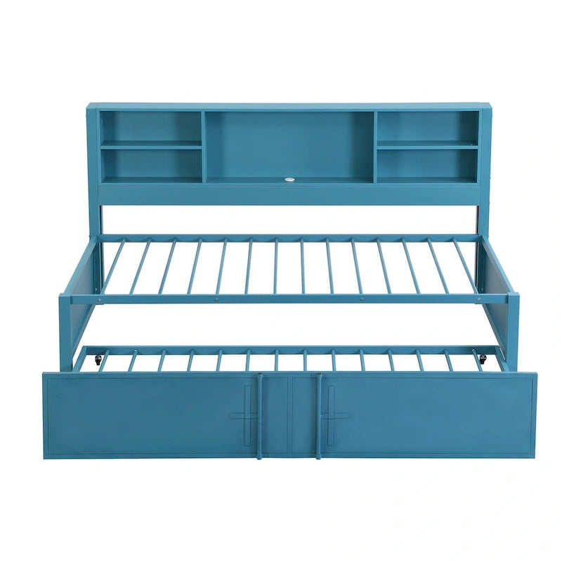 Lit de repos double en métal bleu avec lit gigogne, étagères de rangement et ports USB - Pas besoin de sommier tapissier