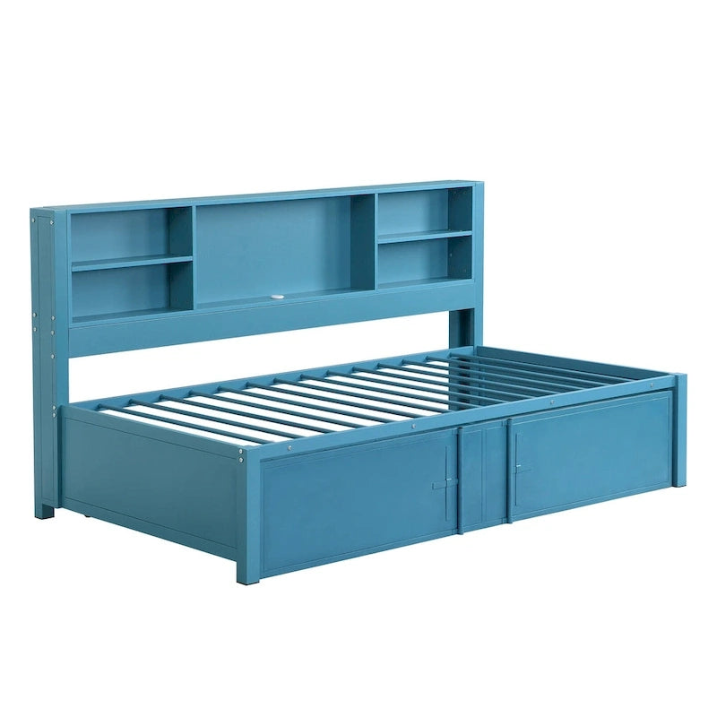 Lit de repos double en métal bleu avec lit gigogne, étagères de rangement et ports USB - Pas besoin de sommier tapissier