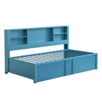Lit de repos double en métal bleu avec lit gigogne, étagères de rangement et ports USB - Pas besoin de sommier tapissier