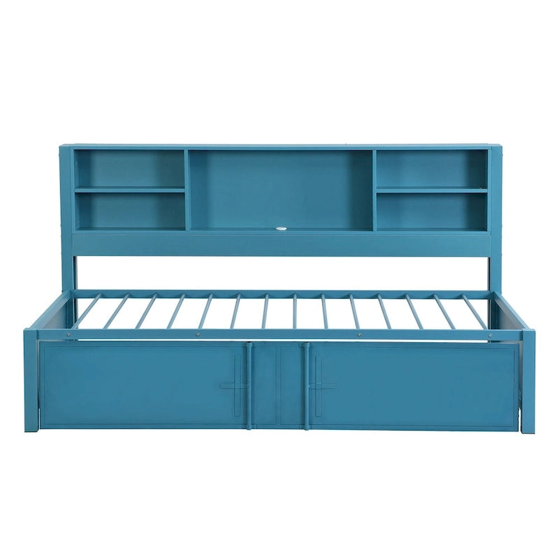 Lit de repos double en métal bleu avec lit gigogne, étagères de rangement et ports USB - Pas besoin de sommier tapissier