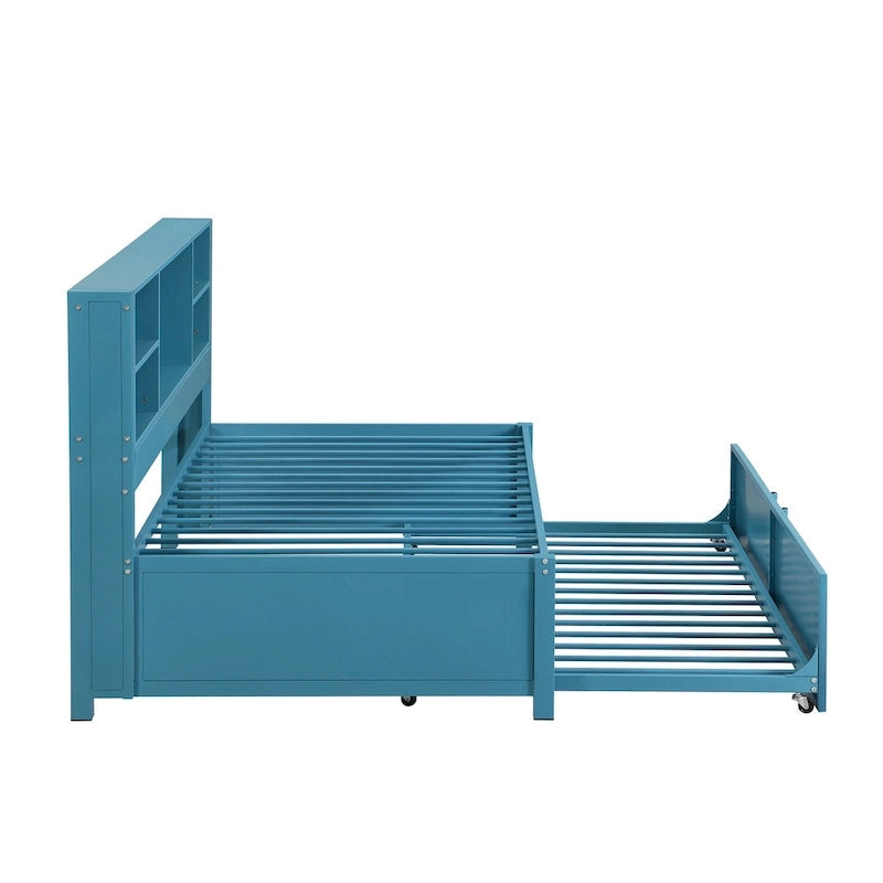Lit de repos double en métal bleu avec lit gigogne, étagères de rangement et ports USB - Pas besoin de sommier tapissier