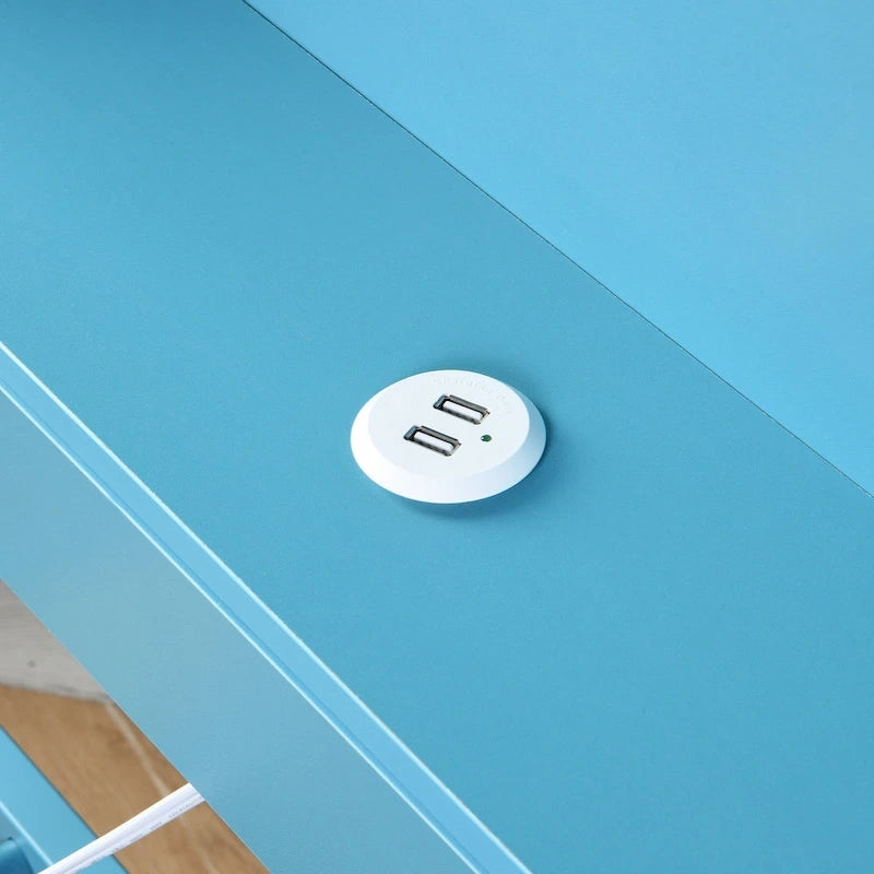 Lit de repos double en métal bleu avec lit gigogne, étagères de rangement et ports USB - Pas besoin de sommier tapissier