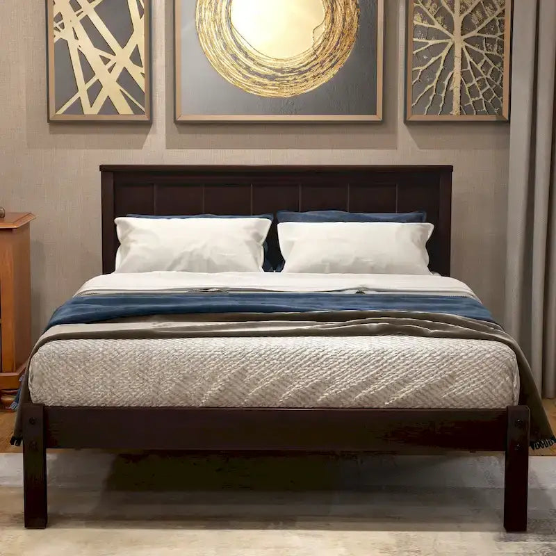 Cadre de lit plateforme double en pin noir avec tête de lit - Support à lattes en bois, pas besoin de sommier, design compact