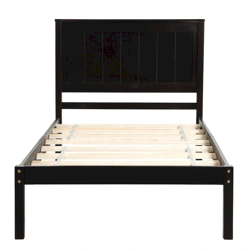 Cadre de lit plateforme double en pin noir avec tête de lit - Support à lattes en bois, pas besoin de sommier, design compact