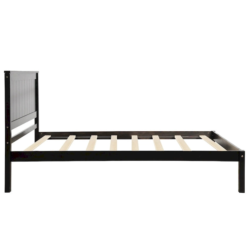 Cadre de lit plateforme double en pin noir avec tête de lit - Support à lattes en bois, pas besoin de sommier, design compact
