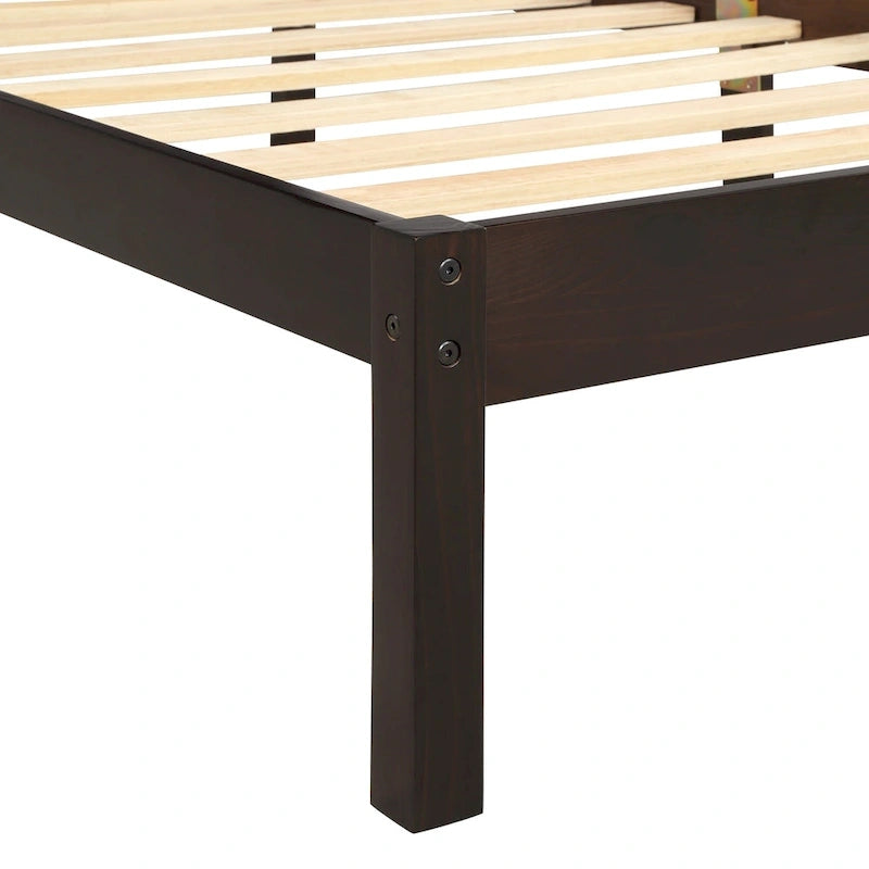 Cadre de lit plateforme double en pin noir avec tête de lit - Support à lattes en bois, pas besoin de sommier, design compact