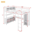 Lit mezzanine en métal pleine grandeur blanc cassé avec armoire, bureau en L et casiers de rangement