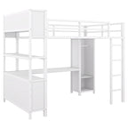 Lit mezzanine en métal pleine grandeur blanc cassé avec armoire, bureau en L et casiers de rangement