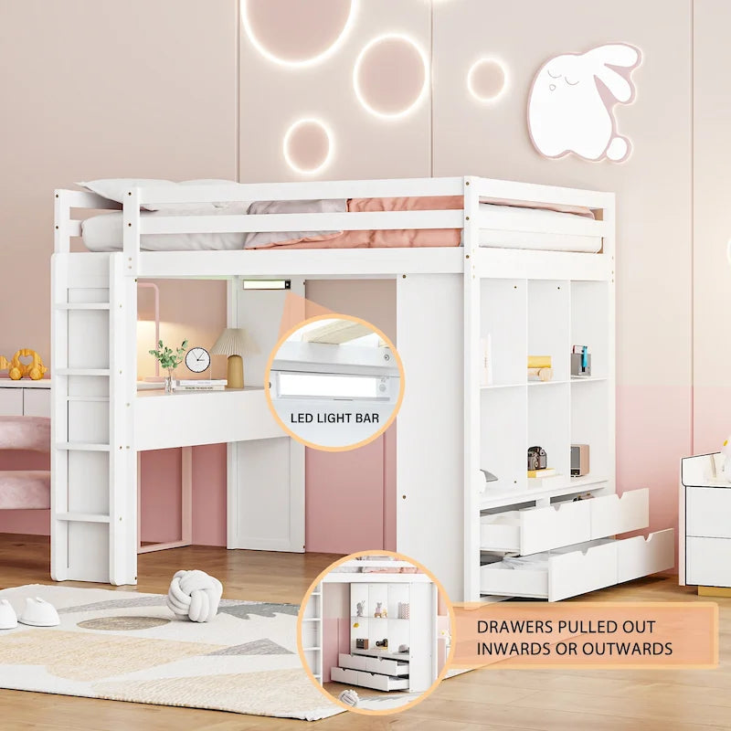 Lit mezzanine pleine grandeur en bois massif blanc avec grandes étagères, bureau et lumière LED pour chambre à coucher