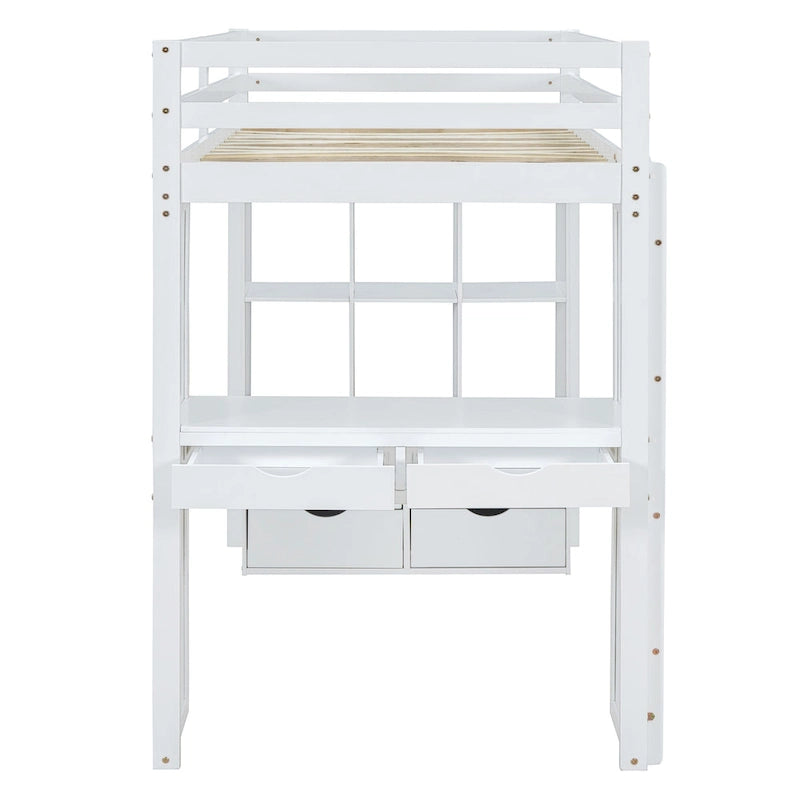 Lit mezzanine pleine grandeur en bois massif blanc avec grandes étagères, bureau et lumière LED pour chambre à coucher