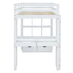 Lit mezzanine pleine grandeur en bois massif blanc avec grandes étagères, bureau et lumière LED pour chambre à coucher