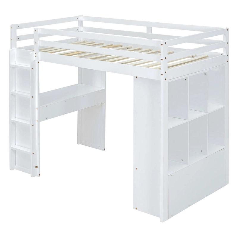 Lit mezzanine pleine grandeur en bois massif blanc avec grandes étagères, bureau et lumière LED pour chambre à coucher