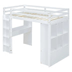 Lit mezzanine pleine grandeur en bois massif blanc avec grandes étagères, bureau et lumière LED pour chambre à coucher