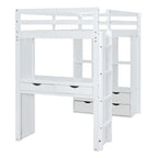 Lit mezzanine pleine grandeur en bois massif blanc avec grandes étagères, bureau et lumière LED pour chambre à coucher