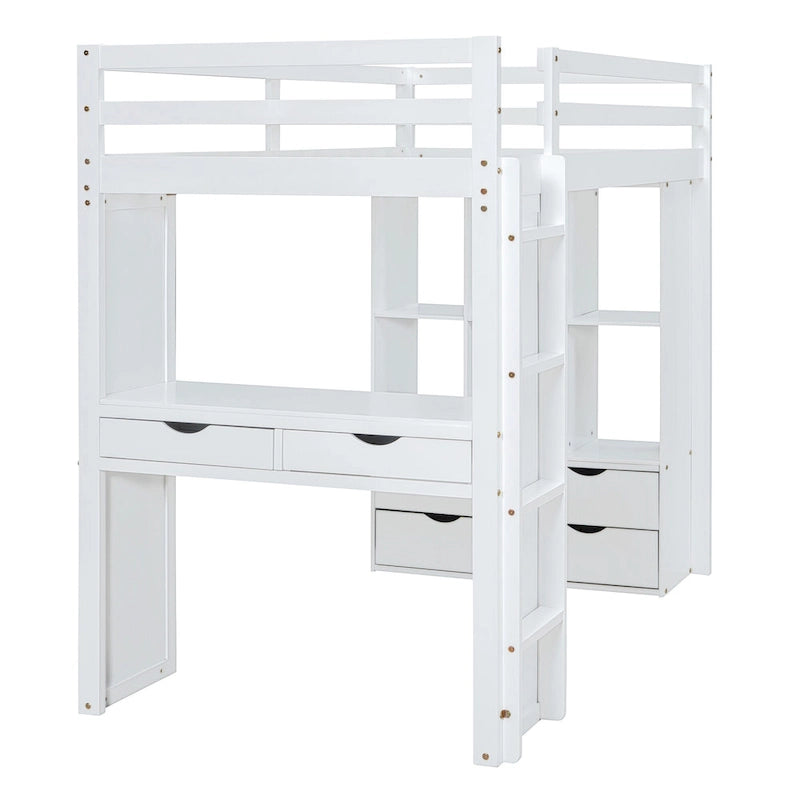 Lit mezzanine pleine grandeur en bois massif blanc avec grandes étagères, bureau et lumière LED pour chambre à coucher