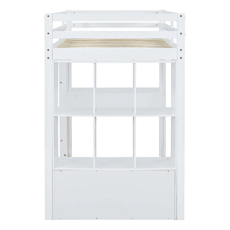 Lit mezzanine pleine grandeur en bois massif blanc avec grandes étagères, bureau et lumière LED pour chambre à coucher