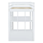 Lit mezzanine pleine grandeur en bois massif blanc avec grandes étagères, bureau et lumière LED pour chambre à coucher