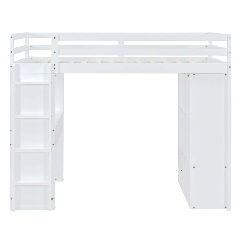 Lit mezzanine pleine grandeur en bois massif blanc avec grandes étagères, bureau et lumière LED pour chambre à coucher