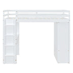 Lit mezzanine pleine grandeur en bois massif blanc avec grandes étagères, bureau et lumière LED pour chambre à coucher