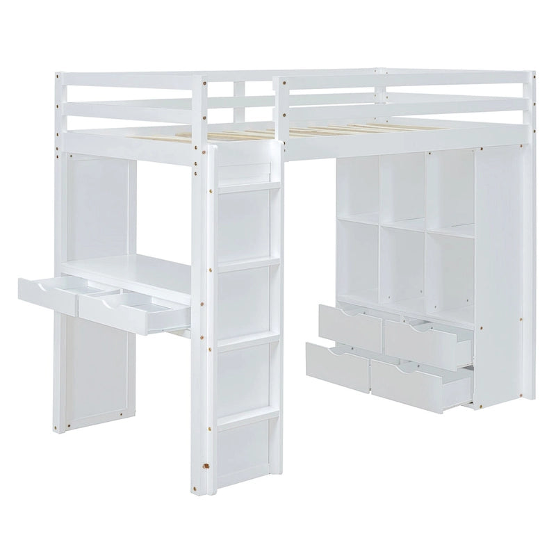 Lit mezzanine pleine grandeur en bois massif blanc avec grandes étagères, bureau et lumière LED pour chambre à coucher