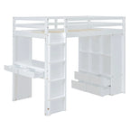 Lit mezzanine pleine grandeur en bois massif blanc avec grandes étagères, bureau et lumière LED pour chambre à coucher