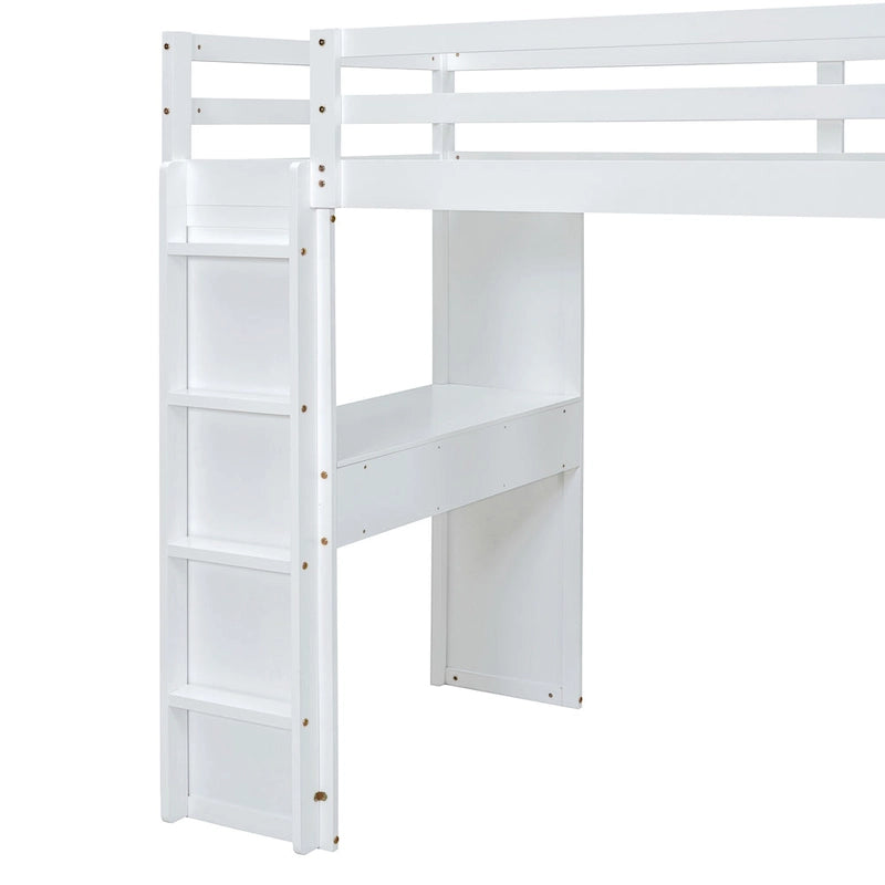 Lit mezzanine pleine grandeur en bois massif blanc avec grandes étagères, bureau et lumière LED pour chambre à coucher