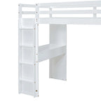 Lit mezzanine pleine grandeur en bois massif blanc avec grandes étagères, bureau et lumière LED pour chambre à coucher