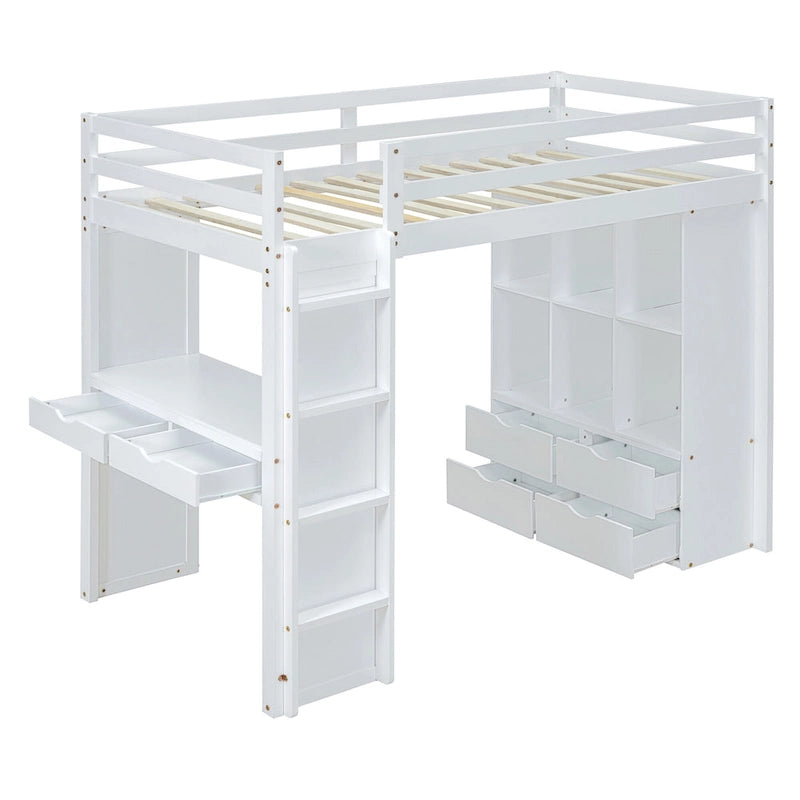 Lit mezzanine pleine grandeur en bois massif blanc avec grandes étagères, bureau et lumière LED pour chambre à coucher