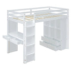 Lit mezzanine pleine grandeur en bois massif blanc avec grandes étagères, bureau et lumière LED pour chambre à coucher