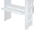 Lit mezzanine pleine grandeur en bois massif blanc avec grandes étagères, bureau et lumière LED pour chambre à coucher