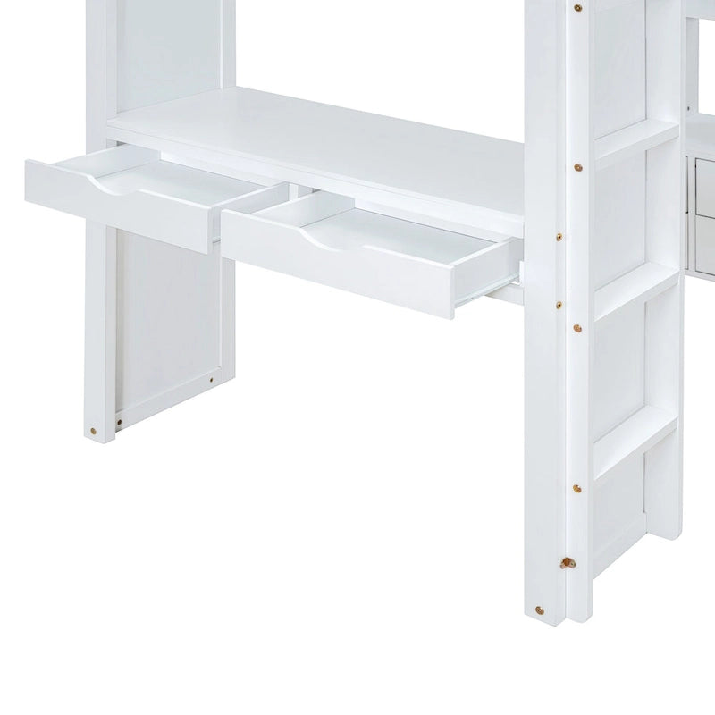 Lit mezzanine pleine grandeur en bois massif blanc avec grandes étagères, bureau et lumière LED pour chambre à coucher