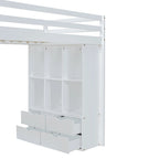 Lit mezzanine pleine grandeur en bois massif blanc avec grandes étagères, bureau et lumière LED pour chambre à coucher