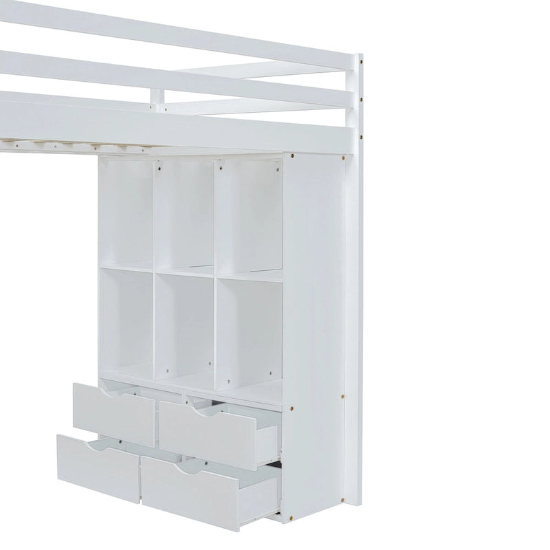 Lit mezzanine pleine grandeur en bois massif blanc avec grandes étagères, bureau et lumière LED pour chambre à coucher