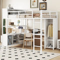 Lit mezzanine en métal pleine grandeur blanc cassé avec armoire et bureau en L, casiers de rangement et étagères pour enfants, adolescents et adultes