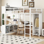 Lit mezzanine en métal pleine grandeur blanc cassé avec armoire et bureau en L, casiers de rangement et étagères pour enfants, adolescents et adultes