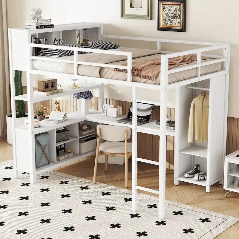 Lit mezzanine en métal pleine grandeur blanc cassé avec armoire et bureau en L, casiers de rangement et étagères pour enfants, adolescents et adultes