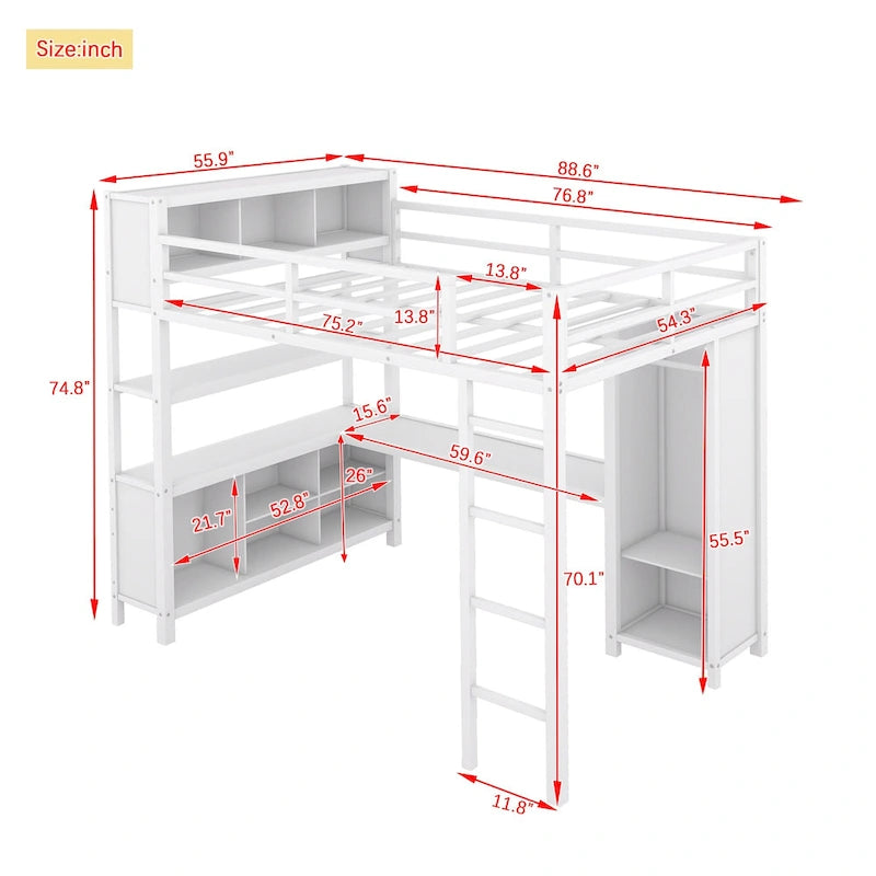 Lit mezzanine en métal pleine grandeur blanc cassé avec armoire et bureau en L, casiers de rangement et étagères pour enfants, adolescents et adultes