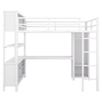 Lit mezzanine en métal pleine grandeur blanc cassé avec armoire et bureau en L, casiers de rangement et étagères pour enfants, adolescents et adultes