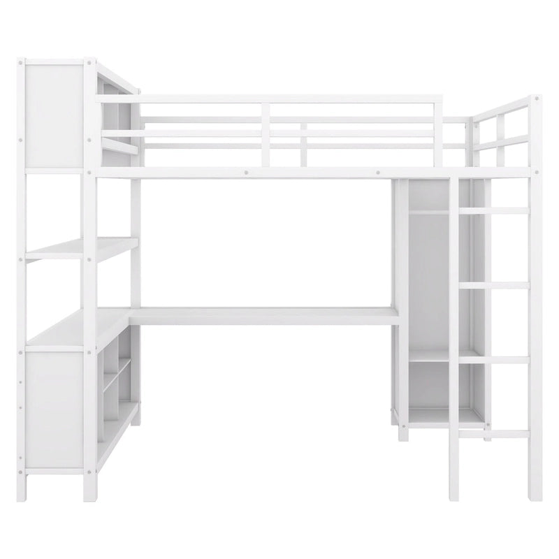 Lit mezzanine en métal pleine grandeur blanc cassé avec armoire et bureau en L, casiers de rangement et étagères pour enfants, adolescents et adultes