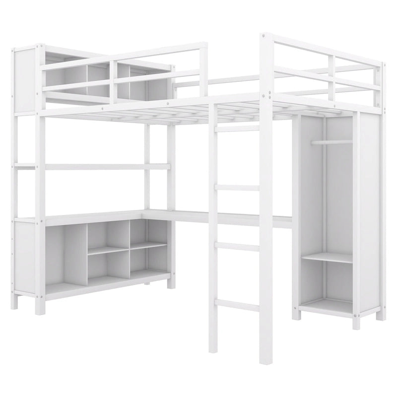 Lit mezzanine en métal pleine grandeur blanc cassé avec armoire et bureau en L, casiers de rangement et étagères pour enfants, adolescents et adultes