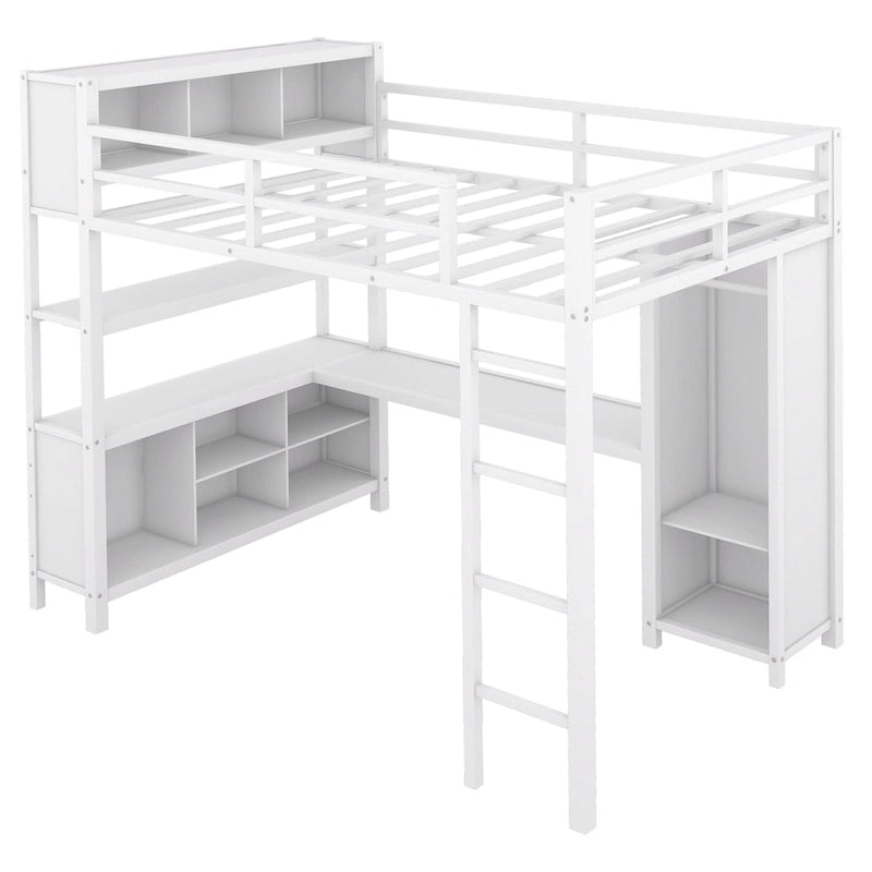 Lit mezzanine en métal pleine grandeur blanc cassé avec armoire et bureau en L, casiers de rangement et étagères pour enfants, adolescents et adultes