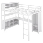 Lit mezzanine en métal pleine grandeur blanc cassé avec armoire et bureau en L, casiers de rangement et étagères pour enfants, adolescents et adultes