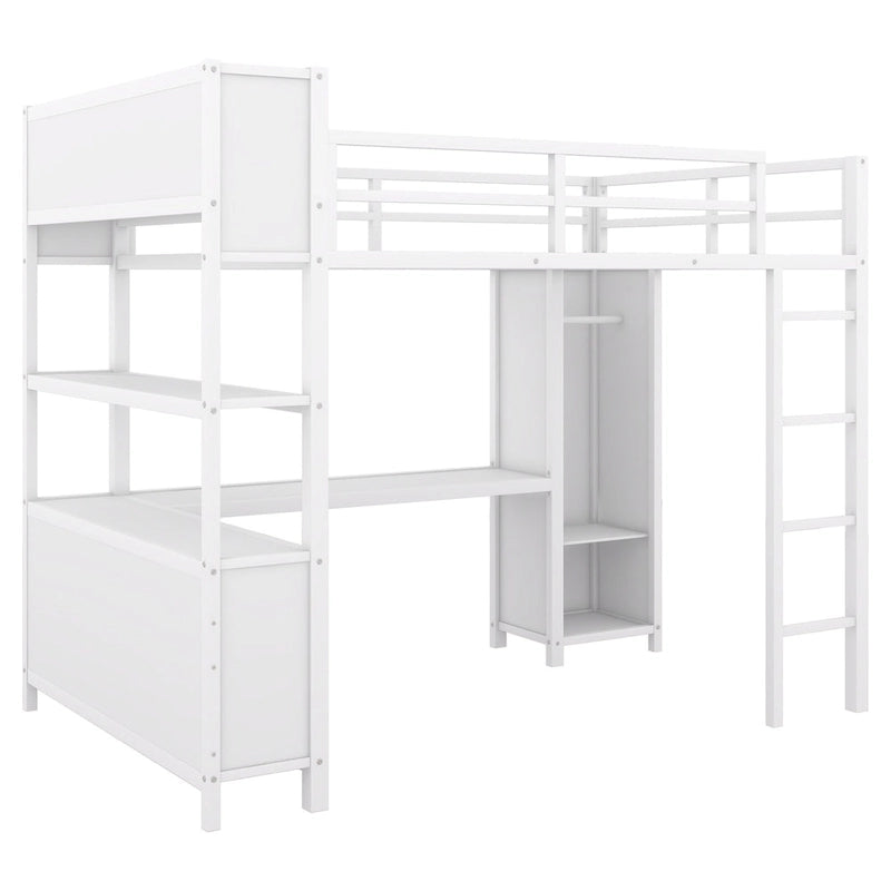 Lit mezzanine en métal pleine grandeur blanc cassé avec armoire et bureau en L, casiers de rangement et étagères pour enfants, adolescents et adultes