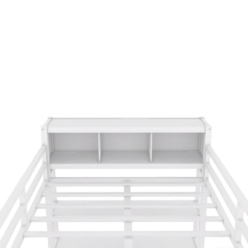 Lit mezzanine en métal pleine grandeur blanc cassé avec armoire et bureau en L, casiers de rangement et étagères pour enfants, adolescents et adultes